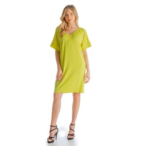 24seven Comfort Apparel Solid Color Loose Fit V Neck T Shirt Style Womens Knee Length Dress - 1 of 4