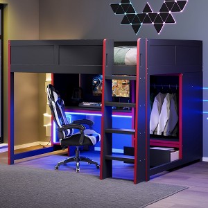 Whisen Wood Twin Size Loft Bed with Built-in Desk, Wardrobe, LED and a Drawer - 1 of 4