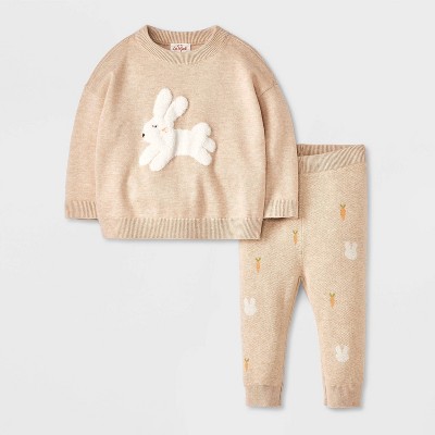 Image of Baby Bunny and Carrot Printed Sweater Top & Bottom Set - Cat & Jack™ Beige 18M: Cotton Knit Pullover & Legging