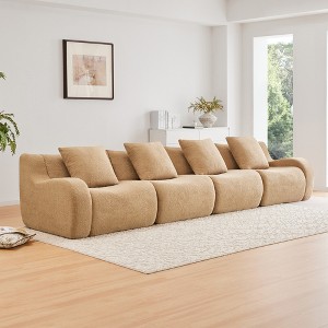 4-Seat Teddy Fabric Boneless Straight Sectional Sofa with No Assembly Required, Anti-Slip Design, and 32D High-Density Sponge - 1 of 4