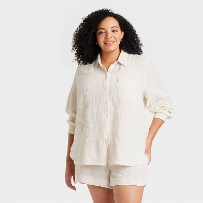 Image of Women's Long Sleeve Gauzy Collared Button-Down Shirt - Universal Thread™ Cream XXL