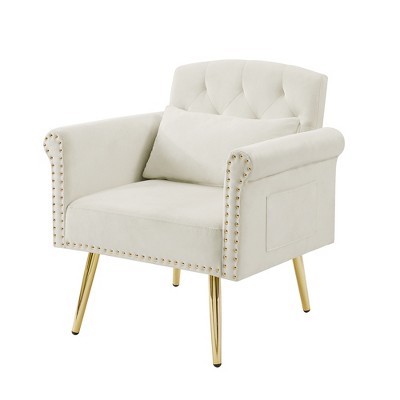 TIRAMISUBEST Velvet Armchair - Plush White Accent Chair with Gold Metal Legs, Modern Lounge Chair for Living Room, Bedroom & Office