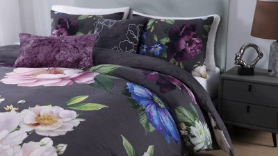 Elegant Blossoms Gray Cotton Queen Reversible Comforter Set