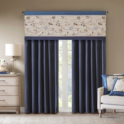 Navy Embroidered Light Filtering Pleated Curtain Panel