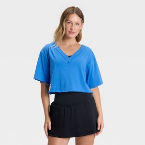Women's V-Neck Boxy Cropped Short Sleeve Top - JoyLab™ - 1 of 3