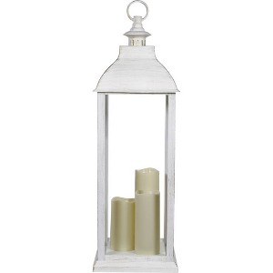 28" Candlelit Lantern with LED Lights White - Alpine Corporation: Outdoor, Battery-Operated, Timer Function - 1 of 4