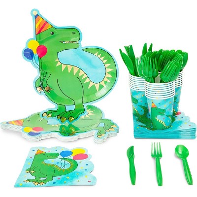 Blue Panda Dinosaur Birthday Party Supplies (Serves 24) Knives, Spoons, Forks, Paper Plates, Napkins, Cups (144 Pieces)