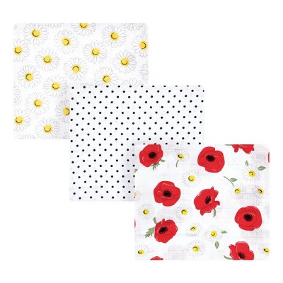 Hudson Baby Infant Girl Cotton Muslin Swaddle Blankets, Red Poppy Daisy, 3-Pack