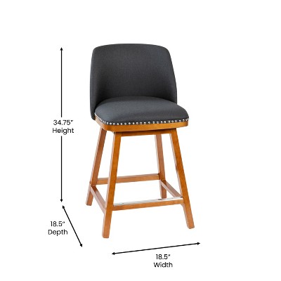 Charcoal Faux Linen 24" Counter Stools with Walnut Wood and Nailhead Trim, Set of 2
