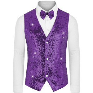 INSPIRE CHIC Men's V-Neck Disco Party Shiny Sequins Waistcoat with Bowtie - 1 of 4