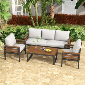 Aortzio 72.4"W 4 PCS Acacia Wood Patio Furniture Set Outdoor Sectional Conversation Sofa Set - 1 of 4