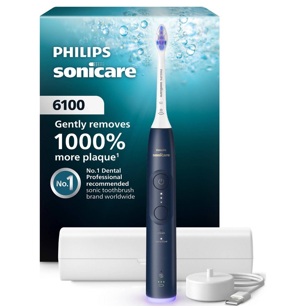 Philips Sonicare 6100 Rechargeable Electric Toothbrush - Navy Blue: Includes Medium Nylon Bristle Head, Travel Case