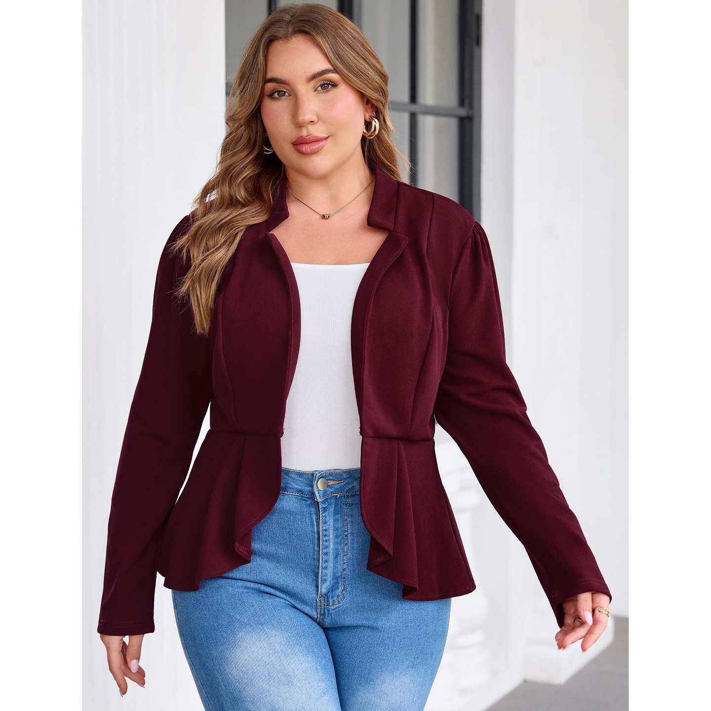 Женская куртка YesFashion Women Plus Size Peplum Blazer Open Front Notched Lapel Long Sleeve Tailored Outerwear Jacket, RED, цвет: Красный — фото 4