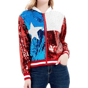 Anna-Kaci Women's Sequin American Flag Bomber Zip-Up Jacket Flag - 1 of 4