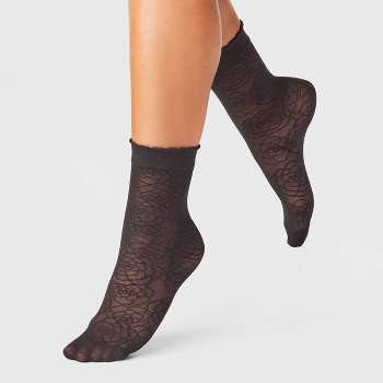 Women's Outline Rose Sheer Anklet Socks - A New Day™ Black 4-10