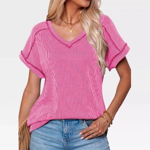 Womens V Neck T-Shirts Short Sleeve Inside Out Seam Style Tops Striped Shirts Drop Shoulder Lounge Tops Summer Causal Tops - 1 of 4