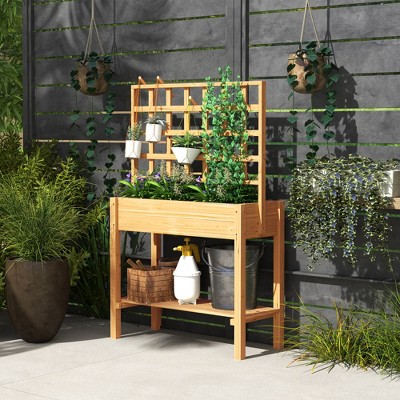 Natural Fir Wood Raised Planter Box with Trellis and Storage Shelf