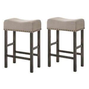 Tan Linen Counter Height Stools with Weathered Wooden Legs (Set of 2), Ideal for Kitchens and Bars - 1 of 4