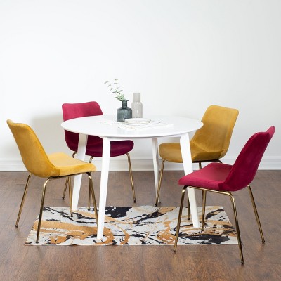 Roundhill Furniture Aufurr Contemporary Dining Set, White Round Dining Table with 4 Chairs, 5-Piece Gold and Red