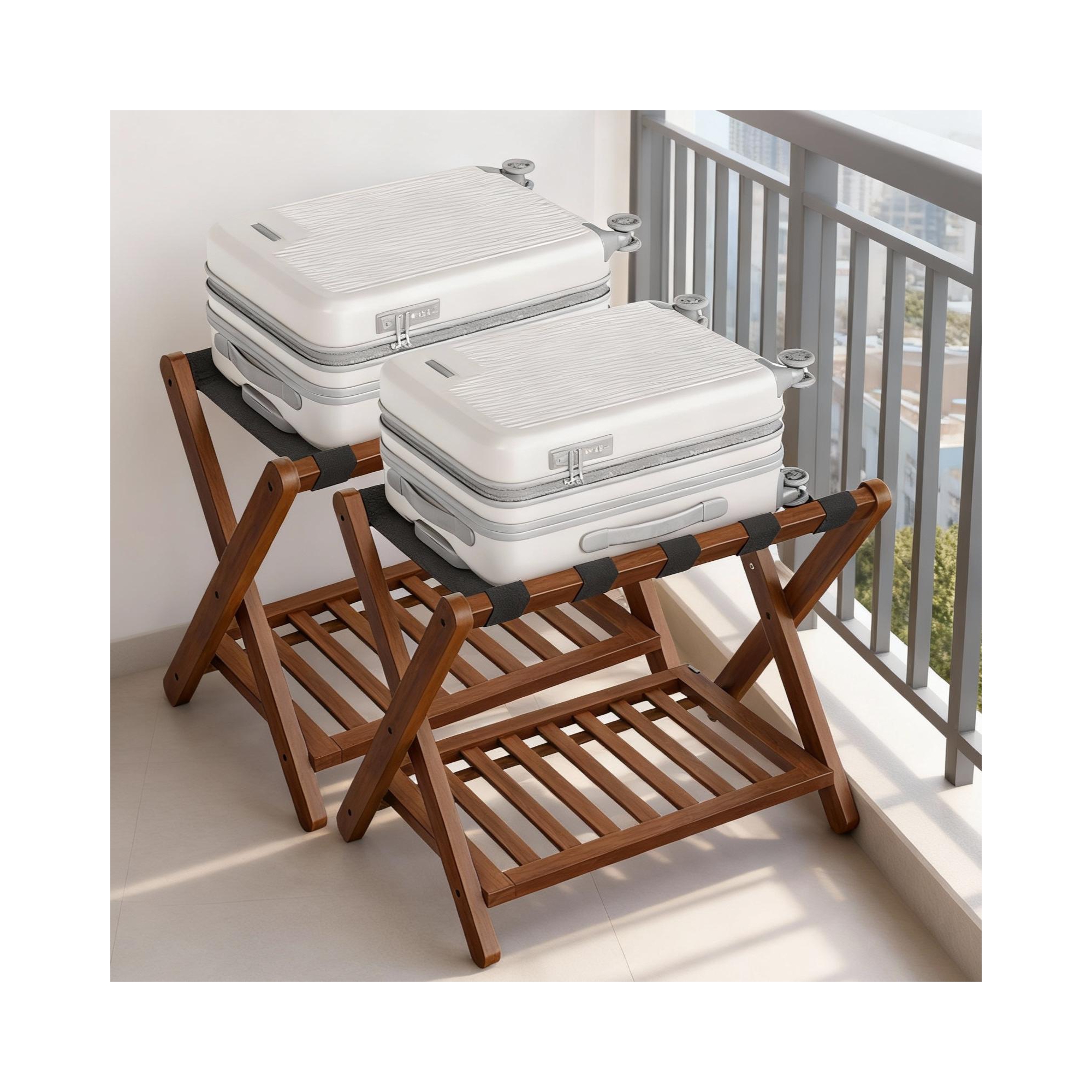 LEDREM Set of 2 Solid Wood Luggage Racks with Foldable Design and Storage Shelf, No Assembly Required Suitcase Stand for Guest Room, Coffee Brown