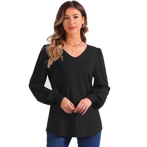 Allegra K Women's V Neck Puff Long Sleeve Smocked Cuff Casual Top - 1 of 4