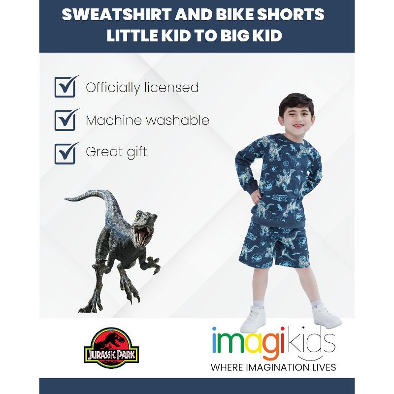 Jurassic World Jurassic Park Blue French Terry Sweatshirt and Bike Shorts Little Kid to Big Kid, 2 of 8