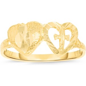 10k Yellow Gold 7.5mm Double Hearts Cross Filigree Ring - 1 of 4