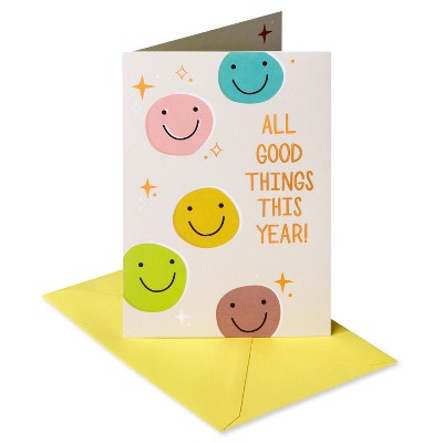 'All Good Things' Birthday Card: Carlton Cards, Smiley Face Design, Multicolored, Kids & Friends, Vertical Fold, 6.75" x 4.625"