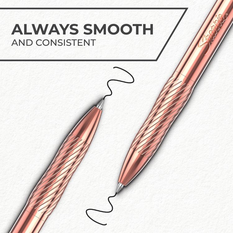 Two rose gold colored pens with a textured design, shown writing a wavy line on a white surface, with the text "ALWAYS SMOOTH AND CONSISTENT" above.