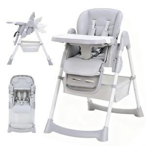 Foldable Baby High Chair with 5-Point Harness - Adjustable Height, Removable Tray & Locking Wheels, PU Leather Portable Highchair (Dark Grey) - 1 of 4