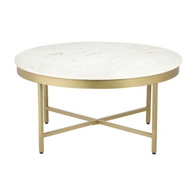 HomeRoots 36" White And Gold Genuine Marble And Steel Round Coffee Table