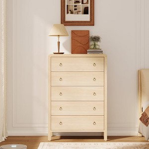 Tall Dresser, Vertical Storage Chest with Gold Ring Pulls, Mid-Century Modern Organizer Cabinet for Bedroom, Living Room - 1 of 4