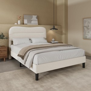 Full Size Bed Frame with Headboard Teddy Soft Boucle Fabric Bed Frame Full Soft Cloud Marshmallow Shape Upholstered Headboard No Box Spring Needed - 1 of 4