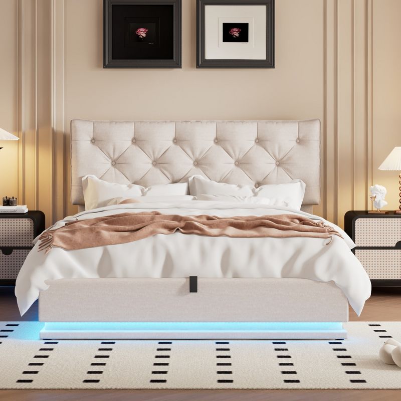 Queen/Full Size Upholstered Platform Bed with Hydraulic Storage System and LED Light-ModernLuxe, 1 of 14