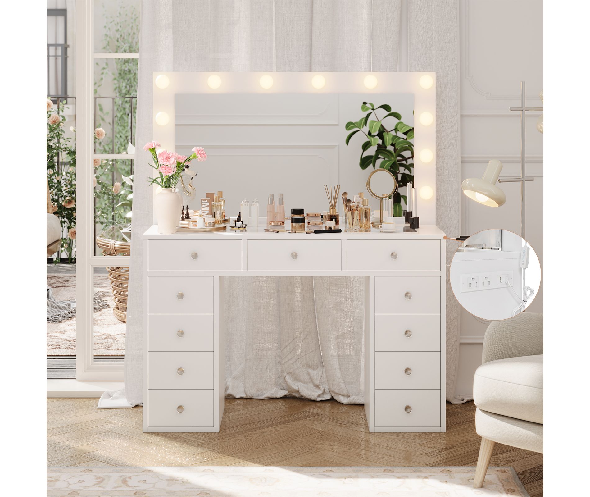 Vanity Desk with Mirror and LED Lights,Makeup Vanity with 11 Drawers and a Power Strip, 3 Color Modes & Adjustable Brightness Dressing Table, White