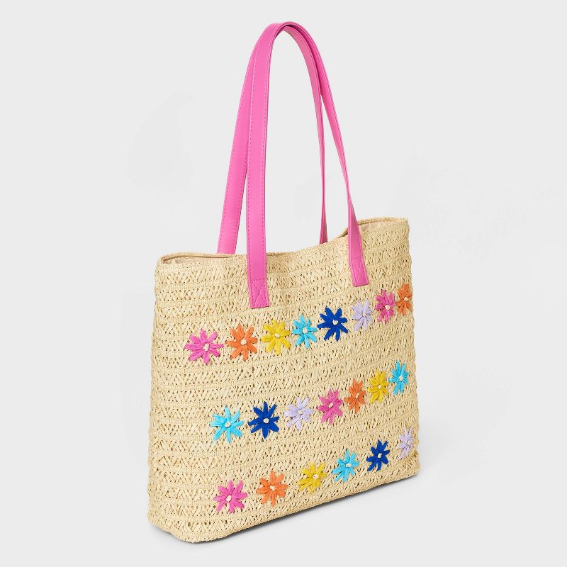 Girls&#39; Paper Straw Flower Embroidery Tote Bag - Cat &#38; Jack&#8482; Off-White, 3 of 7