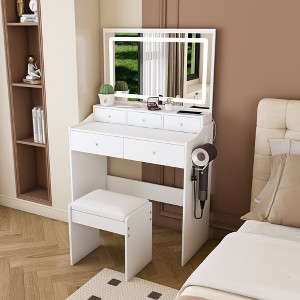 KTMBDW Makeup Vanity Desk with Mirror and Lights, Vanity Table Set with 5 Storage Drawer and Chair & Hair Dryer Holder, Dressing Table for Bedroom - 1 of 4