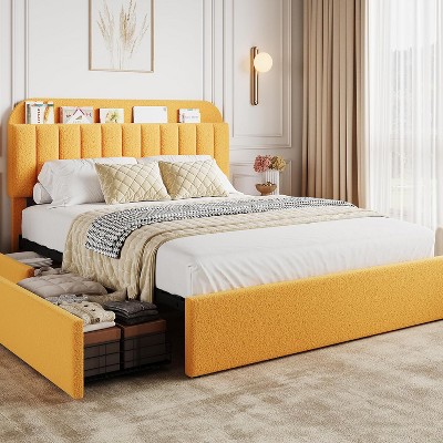 Twin Bed Frame with Storage Headboard & 2 Drawers, Girls Boucle Upholstered Platform Bed with Built-In Bookcase