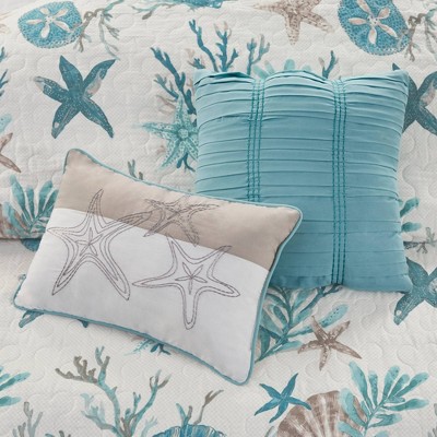 King Aqua Cotton Reversible Coastal Quilt Set