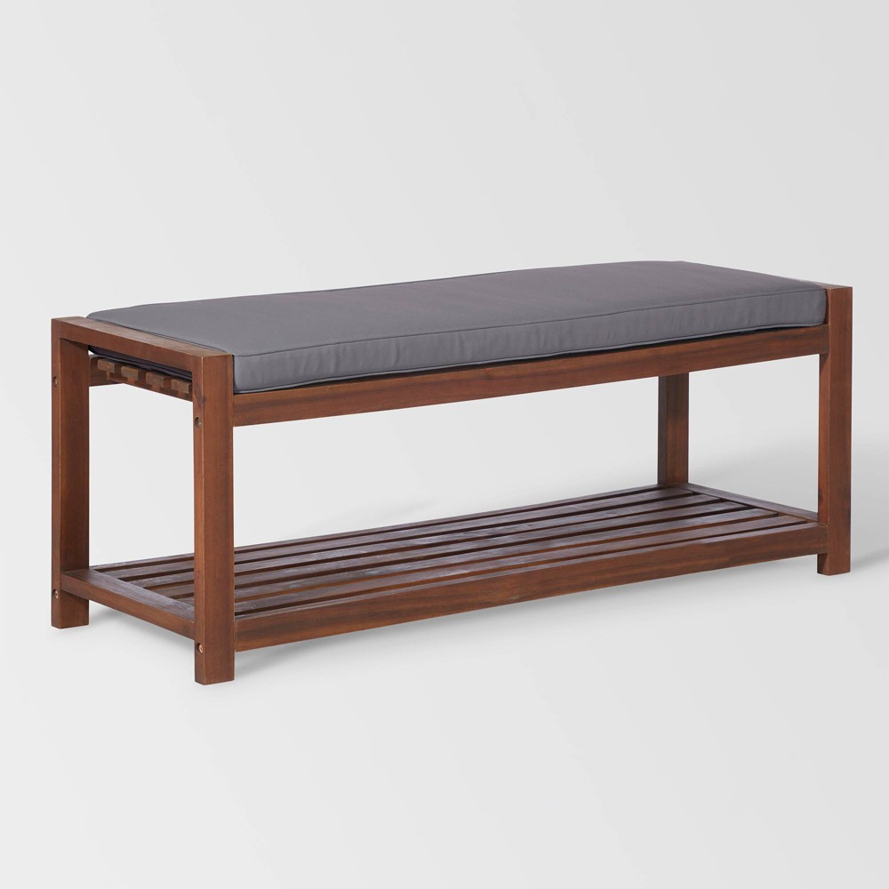 Pompano Modern Cushioned Outdoor Dining Bench with Slatted Shelf Dark Brown Gray Saracina Home