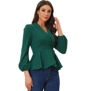 INSPIRE CHIC Women's Peplum Long Lantern Sleeve Elegant Wrap V Neck Office Blouse - 1 of 4