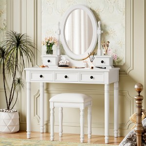 KTMBDW Makeup Vanity Desk with Adjustable Mirror and Cushioned Stool, Vanity Table with 5 Drawer, Vintage Dressing Table Set for Bedroom - 1 of 4