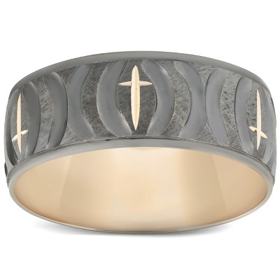 Pompeii3 Mens 8mm Wide Yellow Gold Ring Hand Carved Black & White Gold Cross Wedding Band