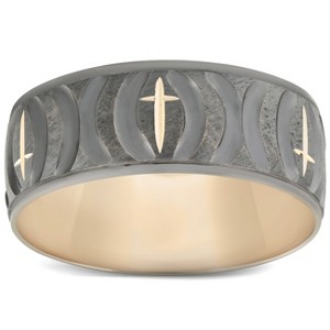 Pompeii3 Mens 8mm Wide Yellow Gold Ring Hand Carved Black & White Gold Cross Wedding Band - 1 of 2