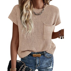 Womens Casual Sweater Tops Cap Sleeve Knit Tops with Chest Pocket Summer Crew Neck Pullover Sweater Womens Spring/Fall Outfits - 1 of 4