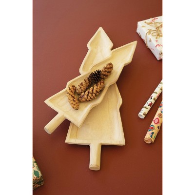 Kalalou Set of Two Carved Wooden Christmas Tree Platters – Rustic Holiday Serveware