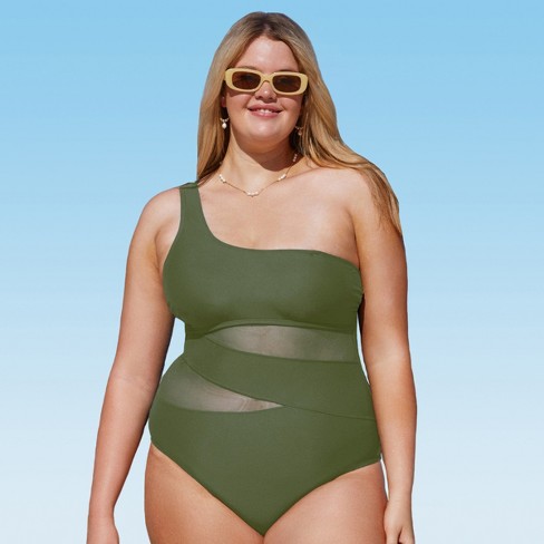 CUPSHE Women Plus Size One Piece Swimsuit V Neck Mesh Sheer Tummy