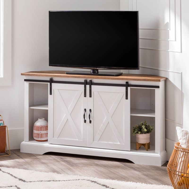 Robinson Rustic Transitional Sliding Barn Door Corner TV Stand for TVs up to 58" - Saracina Home, 3 of 19