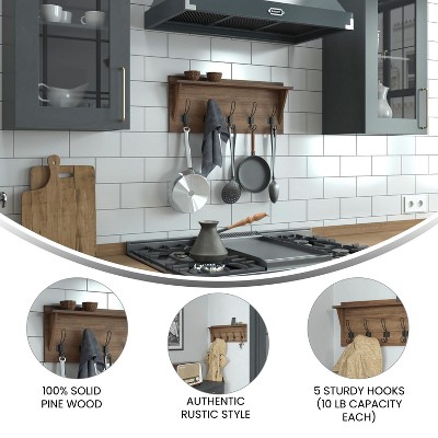 Rustic Brown Solid Wood Wall Mounted Shelf with Hooks