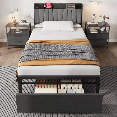 Nasitip Twin Size Bed Frame with Upholstered Headboard, Industrial Platform Bed with Storage Drawer, No Box Spring Needed